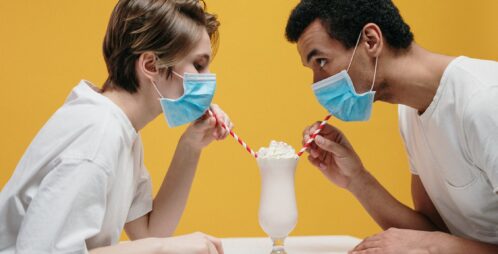 drinking milkshake with face masks