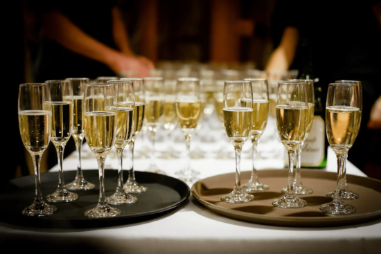 champagne flutes on trays